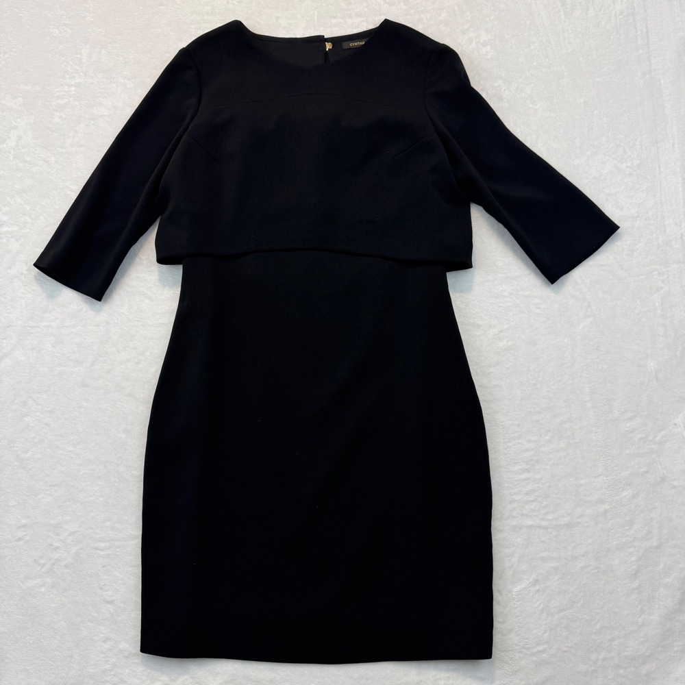 Cynthia Steffe Black Popover Sheath Dress Gold Hardware 3/4 Sleeve Size 6